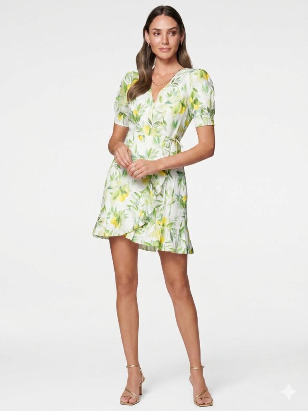 *Ever New White Lemon Print Wrap Mini Dress Puff Sleeve Size 2